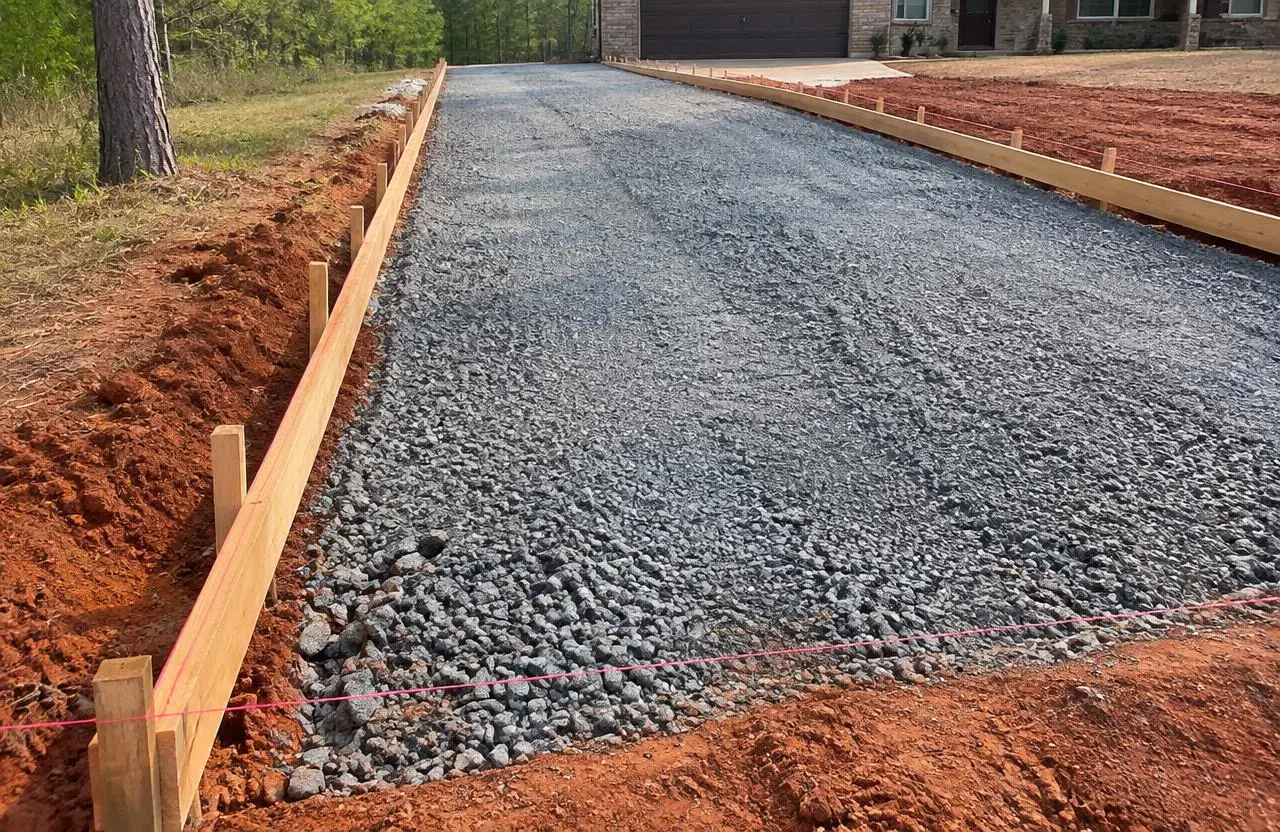 Forms outlining a new concrete driveway