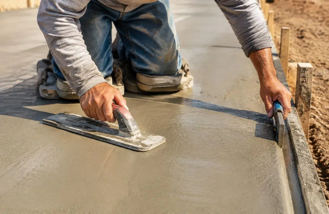 Concrete finisher hand troweling a slab edge